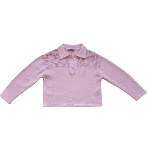 ZARA NWOT Women’s Perforated Chenille Light Pink Cut Out Balletcore Sweater - Picture 3 of 6